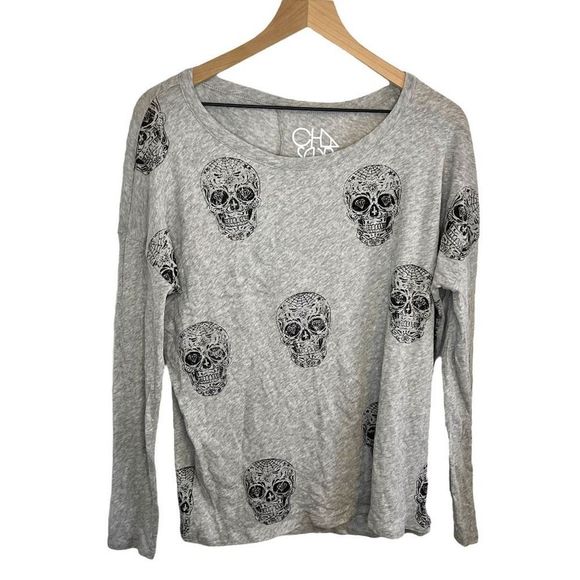 Chaser Tops - Chaser Womens Light Gray Long Sleeve Round Neck Skull Graphic T-Shirt Medium NWT